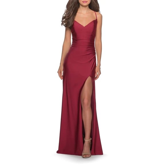 La Femme Cross Back Satin Jersey Trumpet Gown in Burgundy - Size 2